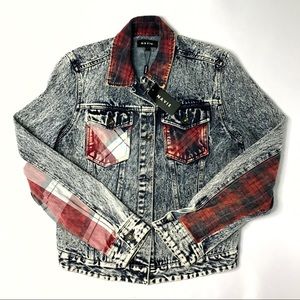 Navie Boutique Acid Wash Vintage Inspired Denim Plaid Jacket Size L